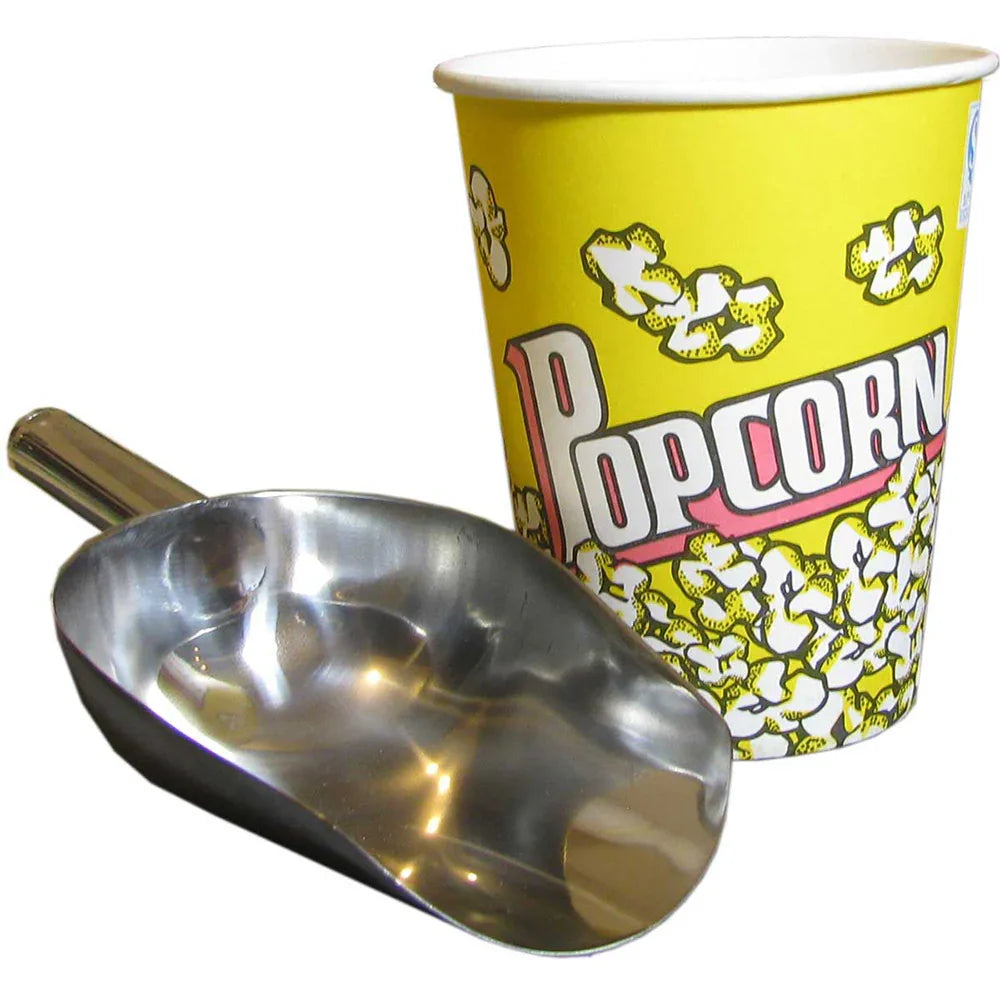 Bright yellow popcorn carton featuring a playful design, alongside a shiny metal scoop, perfect for serving popcorn at events