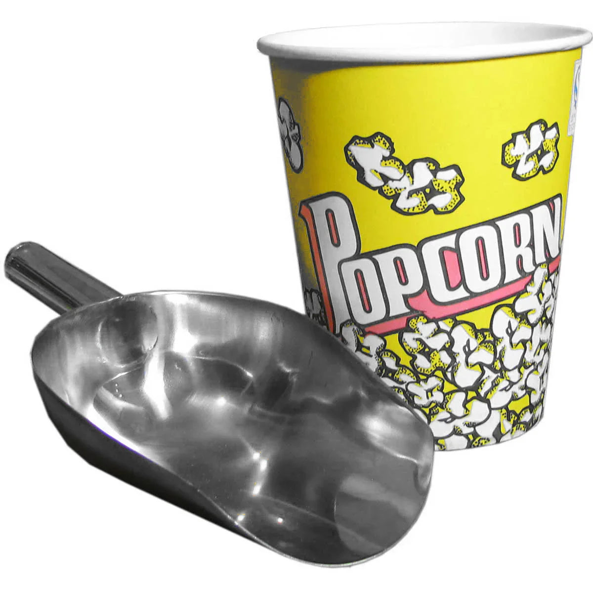 Stainless steel popcorn scoop with a shiny finish beside a yellow popcorn cup featuring colorful popcorn graphics
