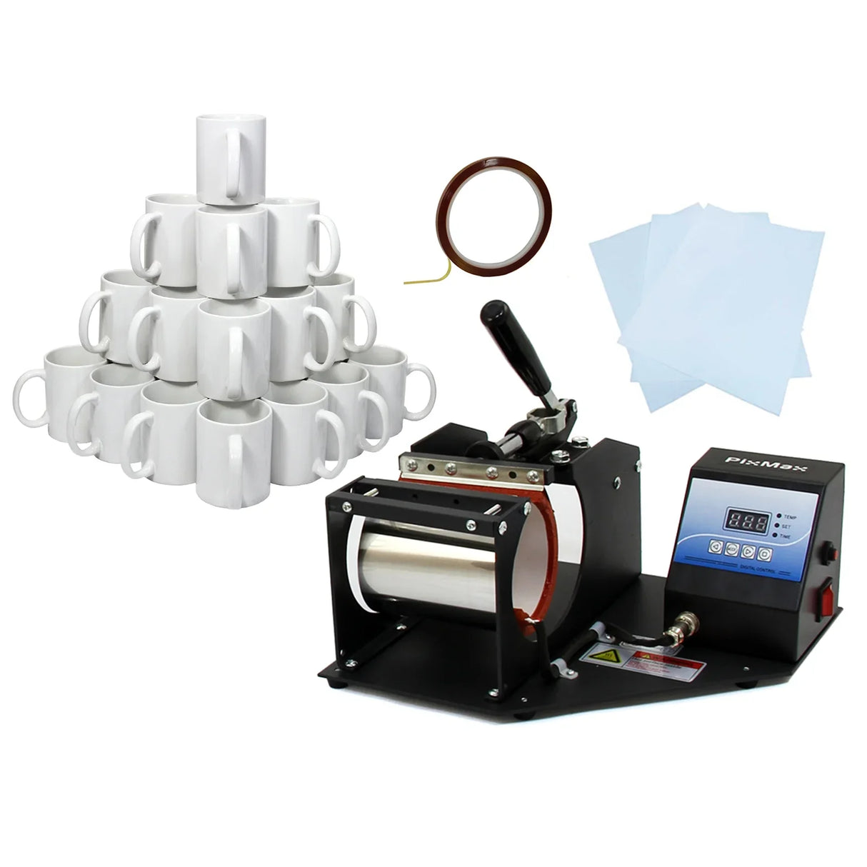 PixMax sublimation mug press with 72 white ceramic mugs, heat-resistant tape, and transfer sheets, ideal for custom printing projects