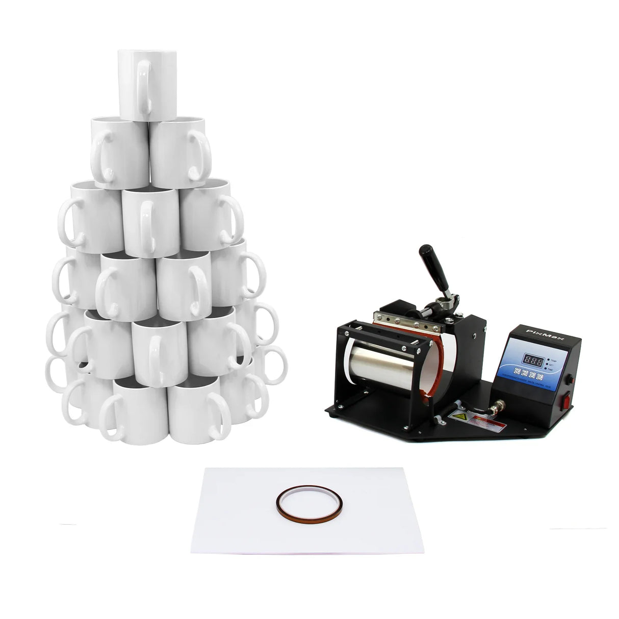 PixMax Sublimation Mug Press with 72 white ceramic mugs stacked, featuring a digital control panel and heat press for custom designs