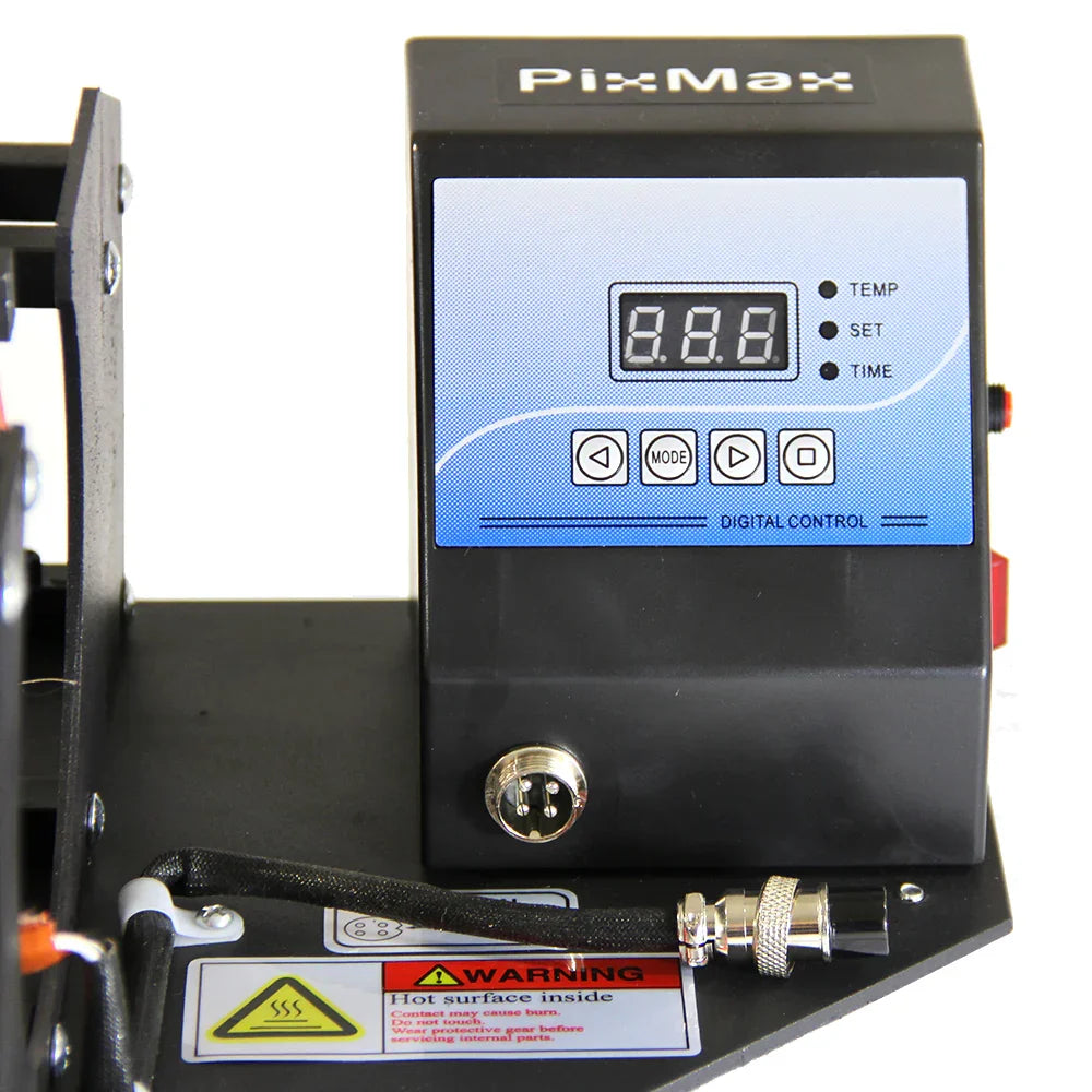 PixMax Mug Heat Press control panel featuring a digital display for temperature and time settings, with warning label for safety