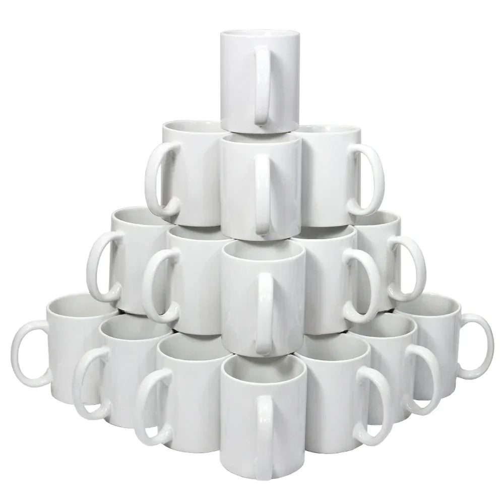 Stacked white ceramic mugs arranged in a pyramid, showcasing a smooth surface, ideal for sublimation printing projects