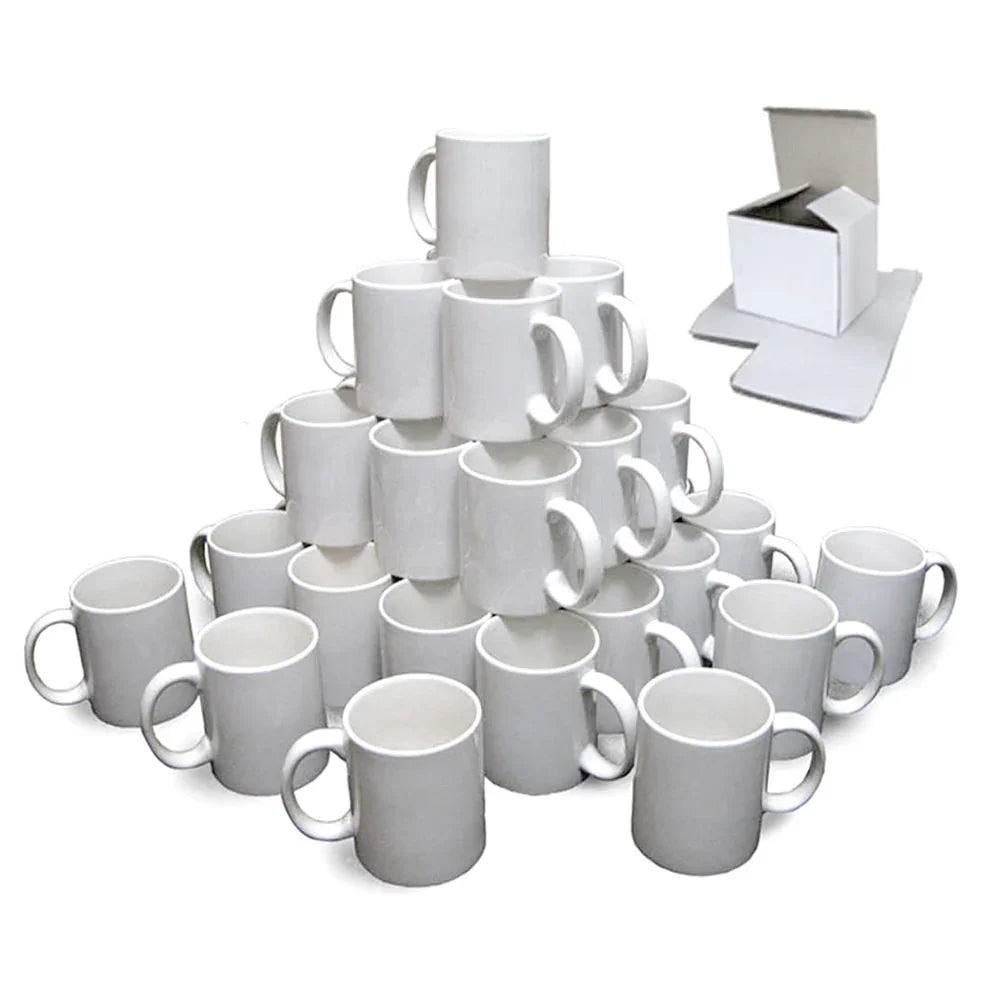 Stack of 72 blank white ceramic mugs with smooth surfaces, ideal for sublimation printing, arranged in a pyramid shape
