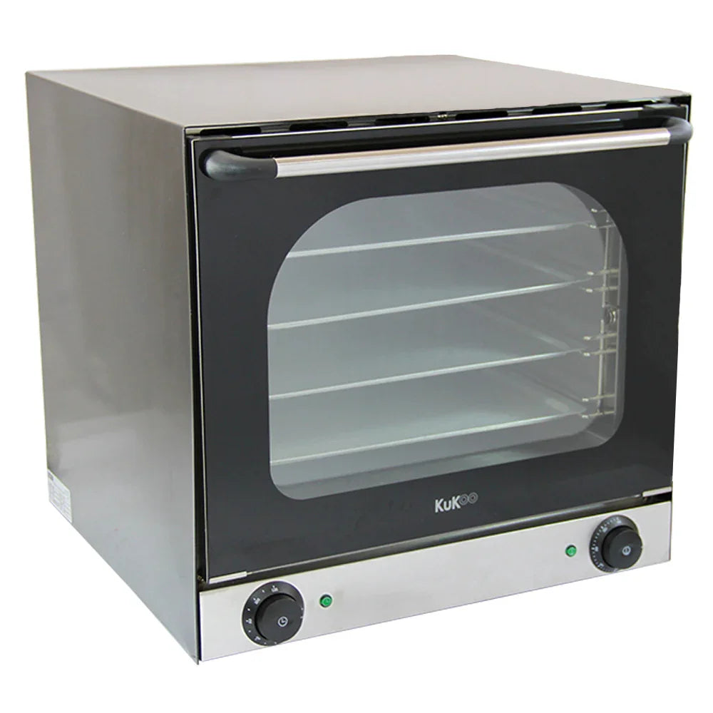 KuKoo 60cm wide convection baking oven with a sleek stainless steel finish, large glass door, and adjustable temperature controls