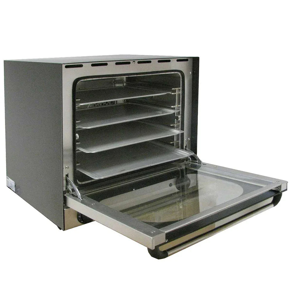 KuKoo 60cm wide convection baking oven with a sleek black exterior, glass door, and multiple adjustable wire racks for versatile cooking