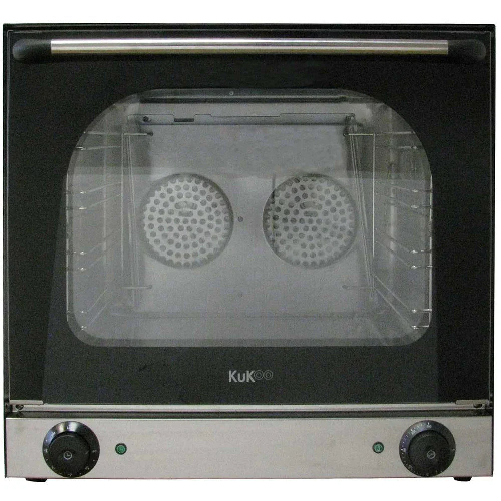 KuKoo 60cm wide convection baking oven with a sleek black exterior, glass door, and dual fan design for even cooking