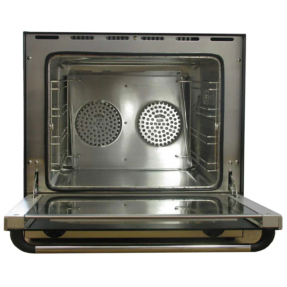 KuKoo 60cm wide convection baking oven with stainless steel interior, dual fans, and a glass door for easy viewing of baked goods