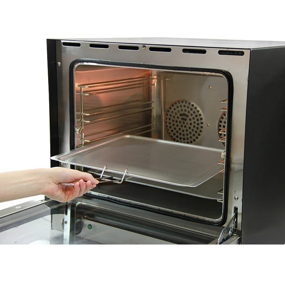 KuKoo 60cm wide convection baking oven with a stainless steel interior, featuring a removable baking tray and adjustable racks