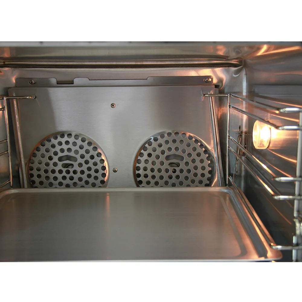 Interior view of the KuKoo 60cm wide convection baking oven, featuring stainless steel walls, dual fans, and a spacious baking tray