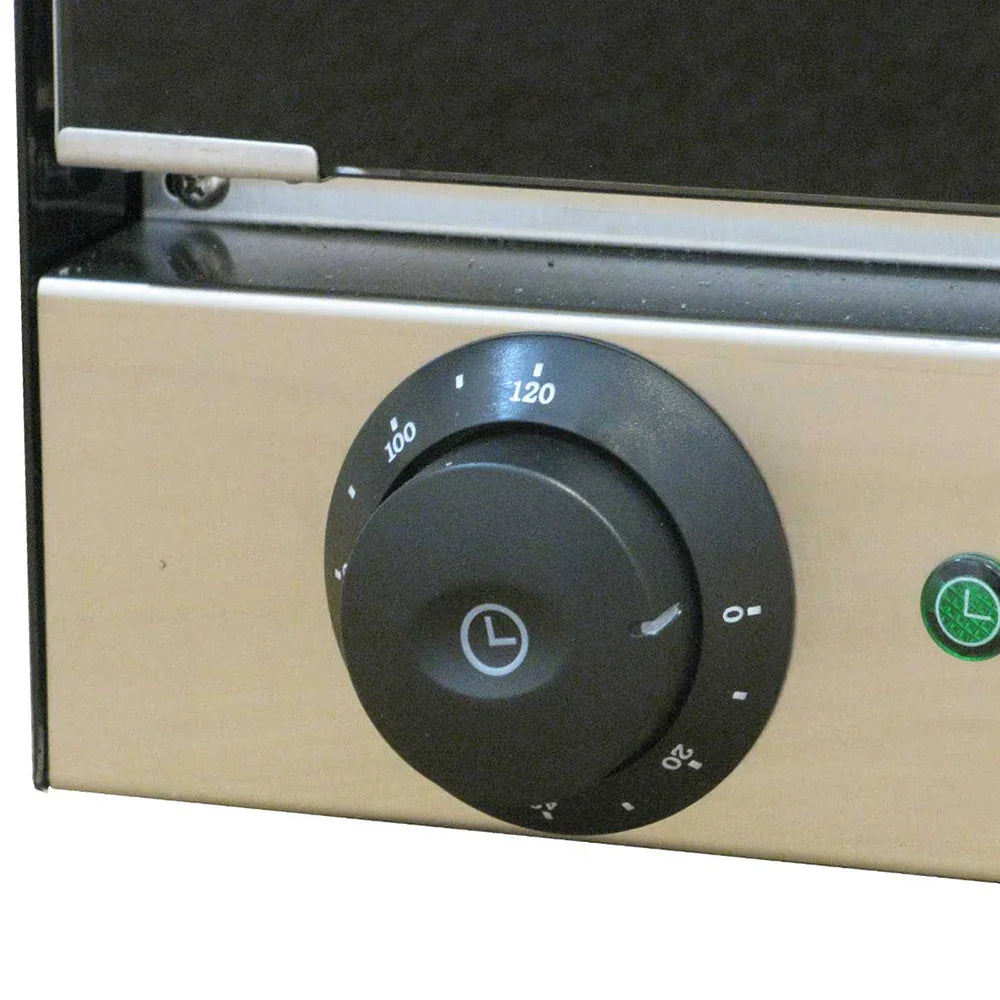 Black control knob with temperature settings on the KuKoo 60cm Wide Convection Baking Oven, featuring a sleek stainless steel finish