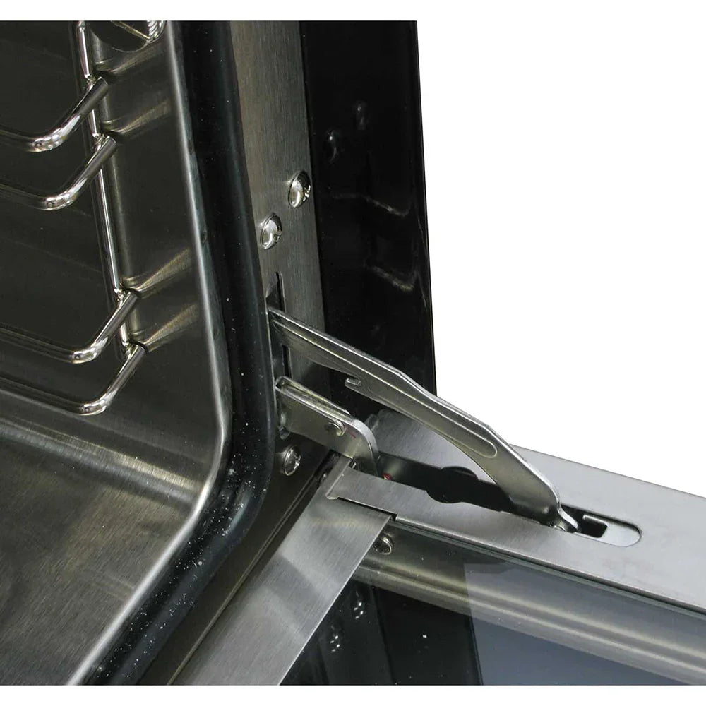 Stainless steel door hinge of the KuKoo 60cm Wide Convection Baking Oven, showcasing durable construction and sleek design