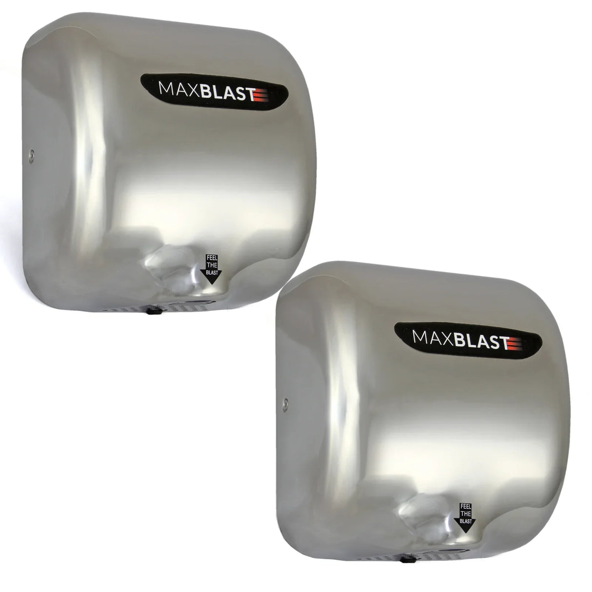 MAXBLAST 2 x Hand Dryers in sleek stainless steel finish, featuring a modern design and powerful drying capabilities for high-traffic areas