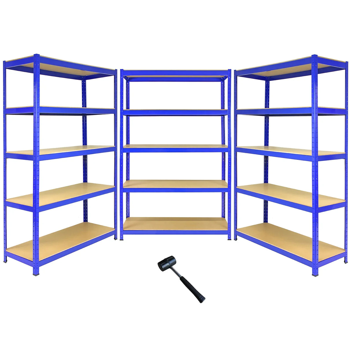 Three blue T-Rax shelving units, 1200mm x 450mm x 1800mm, featuring sturdy shelves and a rubber mallet for assembly