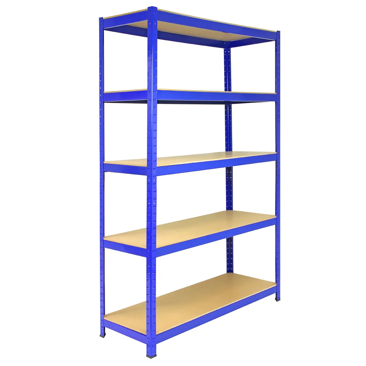 Strong blue metal storage shelves with five sturdy wooden shelves, measuring 120cm wide and 45cm deep, ideal for organizing items