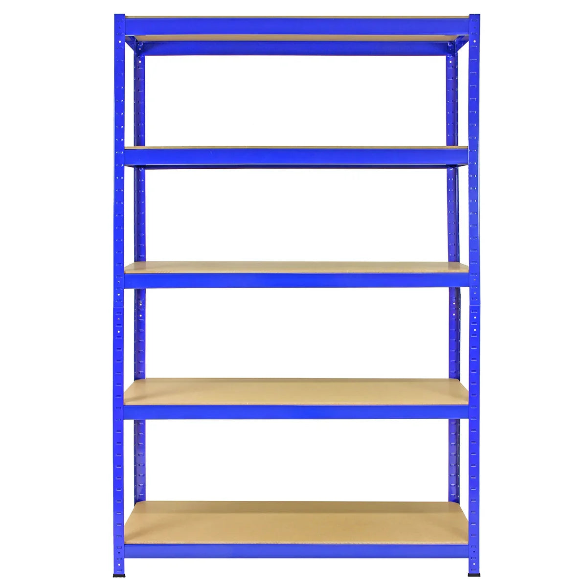 Sturdy blue T-Rax shelving unit with five adjustable shelves, measuring 1200mm x 450mm x 1800mm, featuring a smooth texture