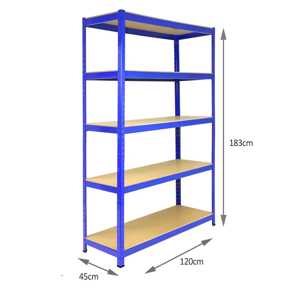 Five blue T-Rax shelving units, each 1200mm wide, 450mm deep, and 1800mm tall, featuring sturdy metal frames and wooden shelves