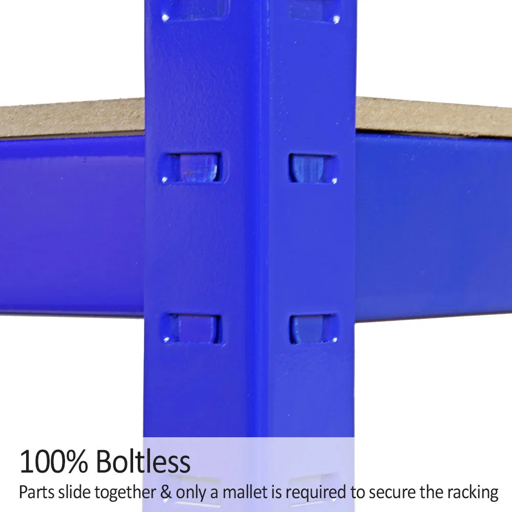 Blue Monster Racking T-Rax storage shelf corner detail, showcasing boltless design and sturdy particle board surface for easy assembly