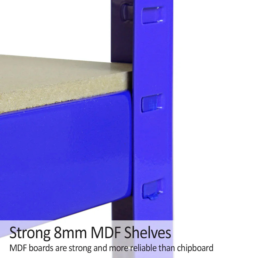 Strong blue Monster Racking T-Rax storage shelf with 8mm MDF board, showcasing sturdy construction and reliable support for heavy items