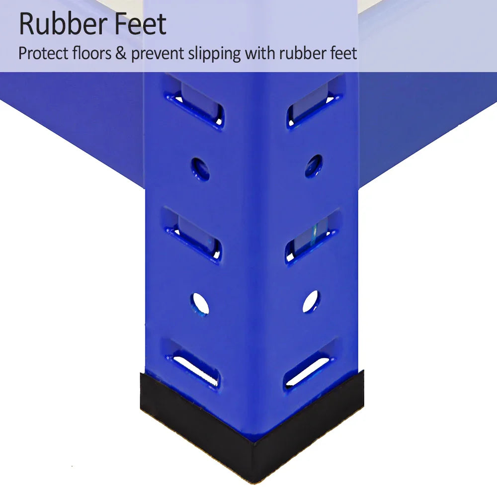 Blue Monster Racking T-Rax storage shelf corner with rubber feet for floor protection and stability, showcasing sturdy metal construction