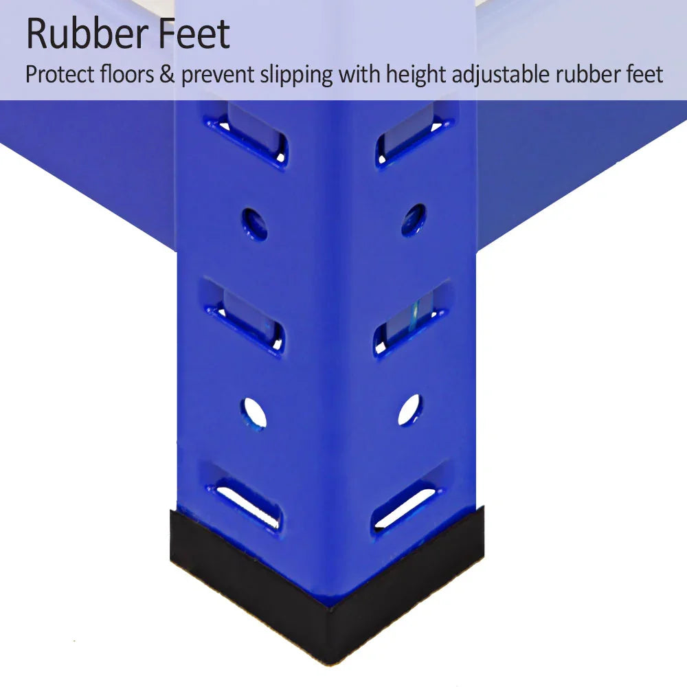 Height-adjustable rubber feet on a blue Monster Racking T-Rax storage shelf, designed to protect floors and prevent slipping