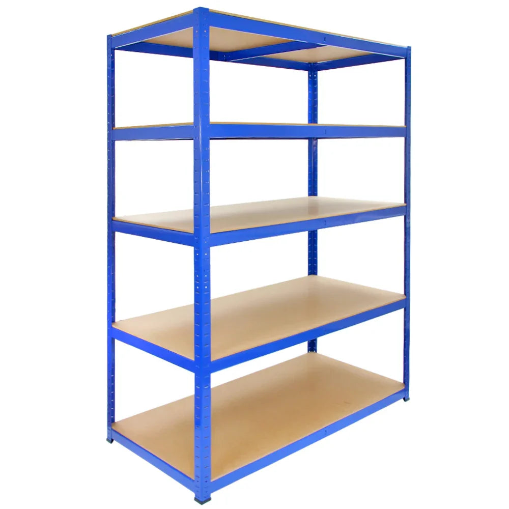Strong blue storage shelves with five wooden shelves, measuring 120cm wide and 60cm deep, ideal for organizing items