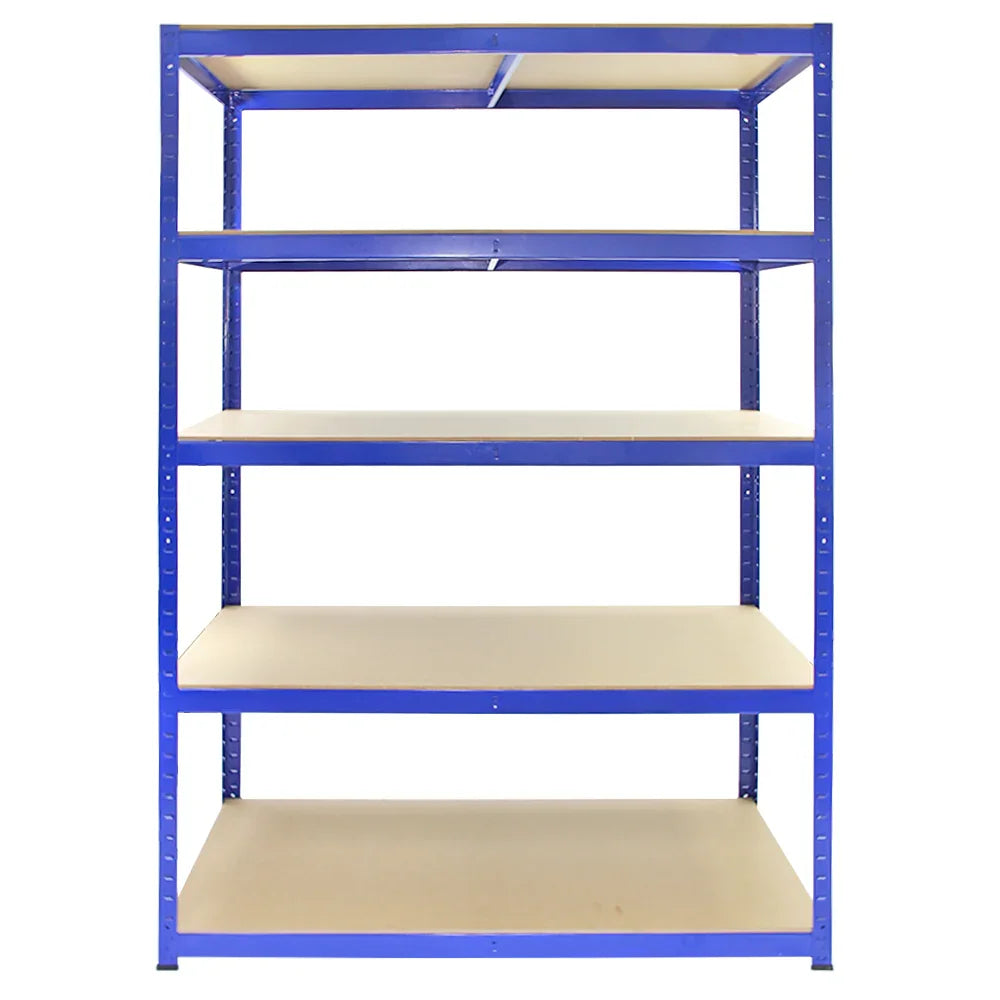 Strong blue storage shelves with five sturdy, adjustable shelves, measuring 120cm wide and 60cm deep, ideal for organizing items