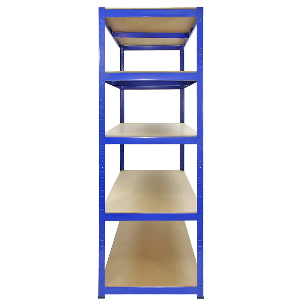 Strong blue metal storage shelves with five wooden shelves, measuring 120cm W and 60cm D, ideal for organizing items in garages or warehouses