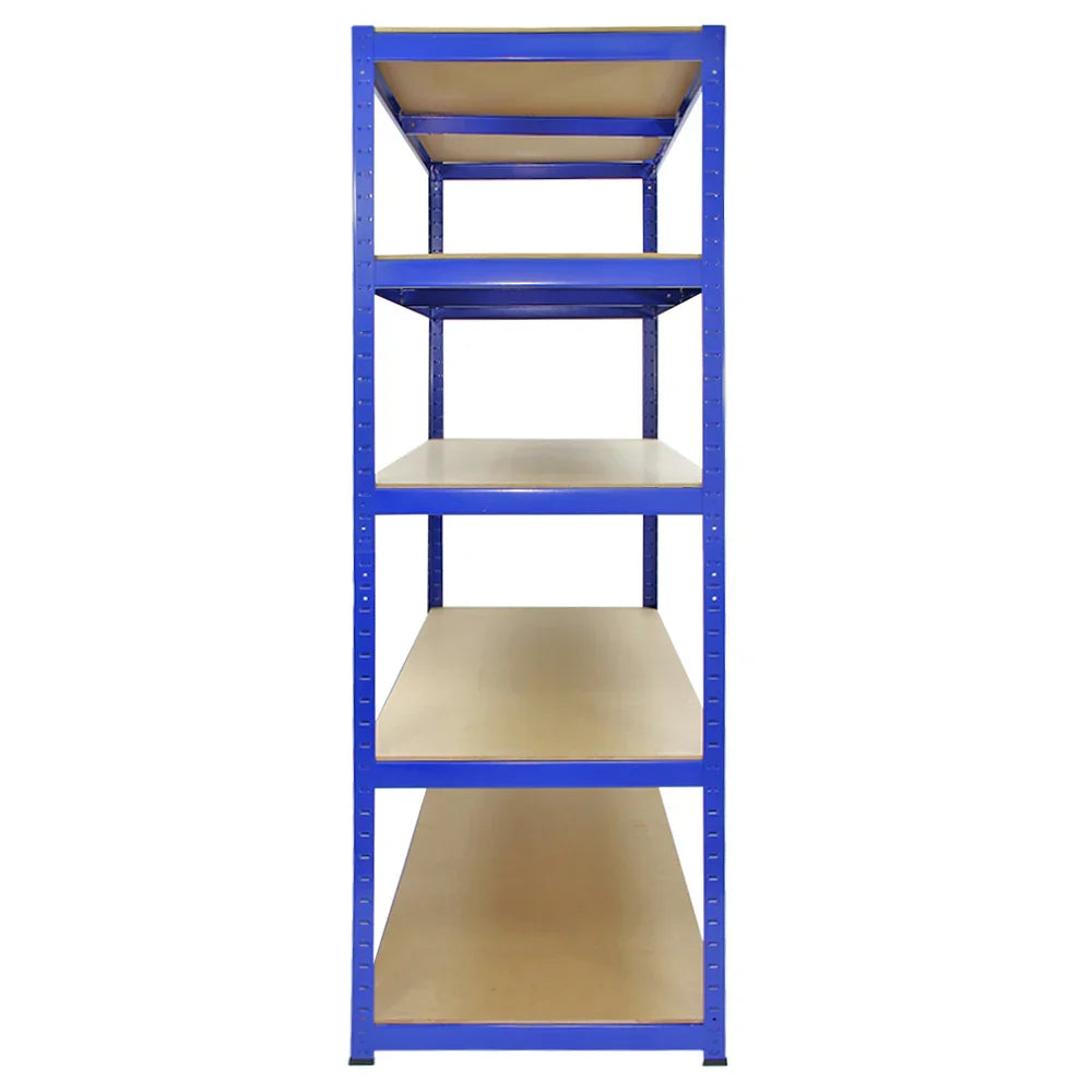 Strong blue storage shelves with five wooden shelves, measuring 120cm wide and 60cm deep, ideal for organizing items securely