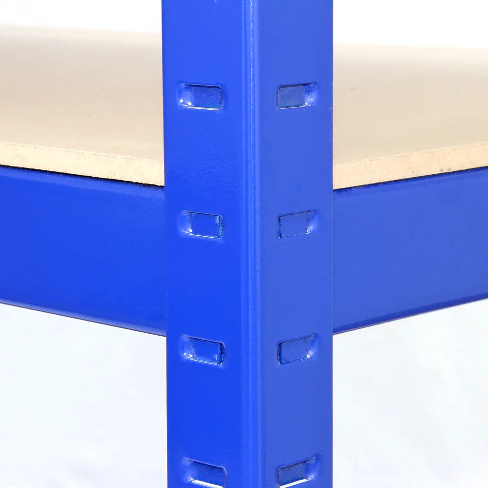 Strong blue metal shelving unit with a smooth wooden shelf, showcasing sturdy construction and adjustable height options