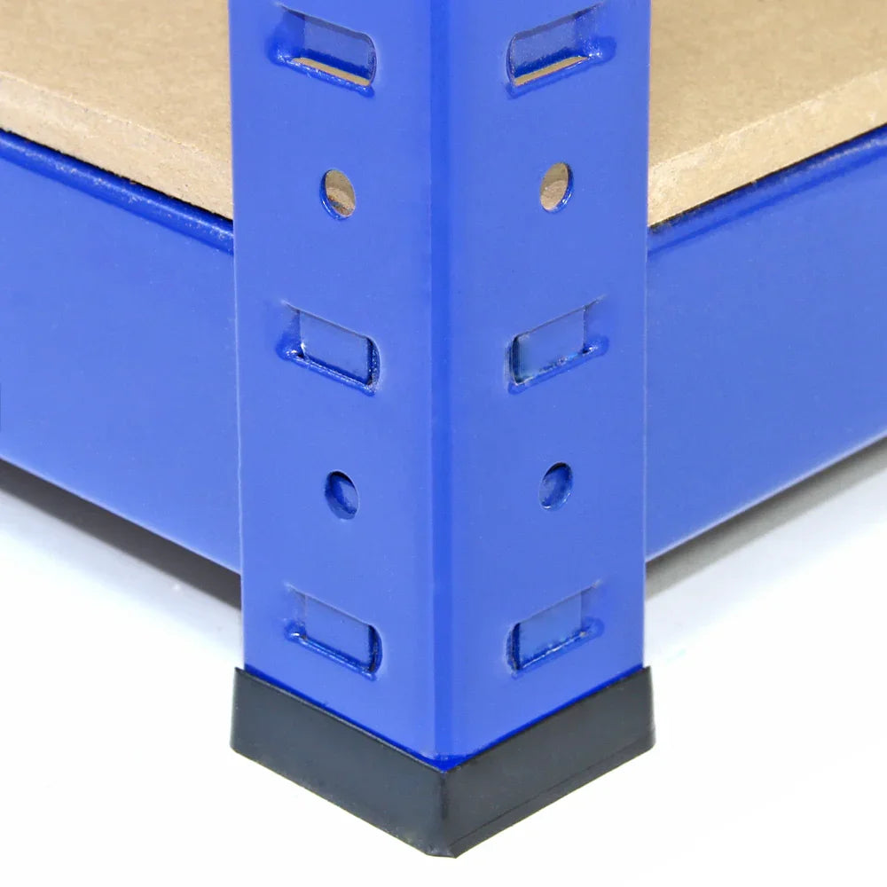 Close-up of a blue metal corner post of Monster Racking T-Rax storage shelves, showcasing sturdy construction and smooth finish