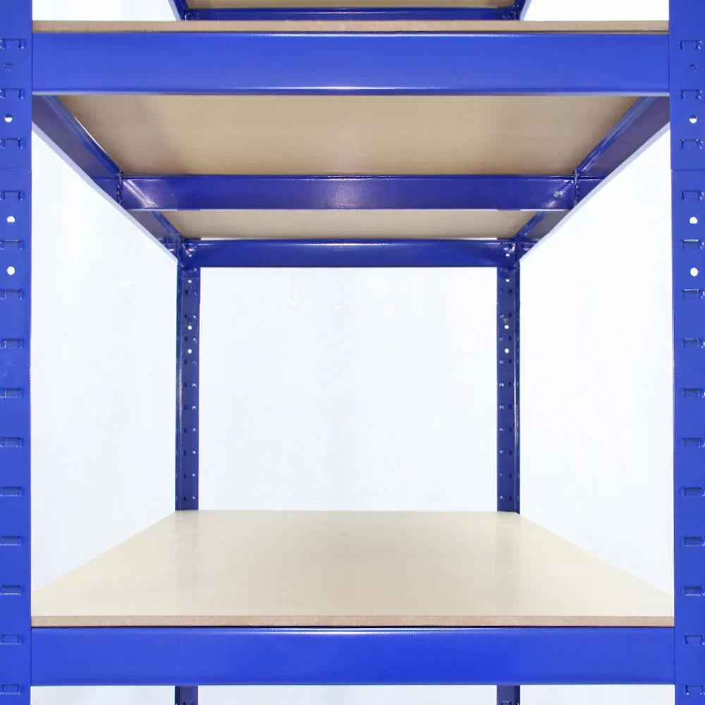 Strong blue Monster Racking T-Rax storage shelves with sturdy wooden shelves, showcasing a spacious design for organized storage
