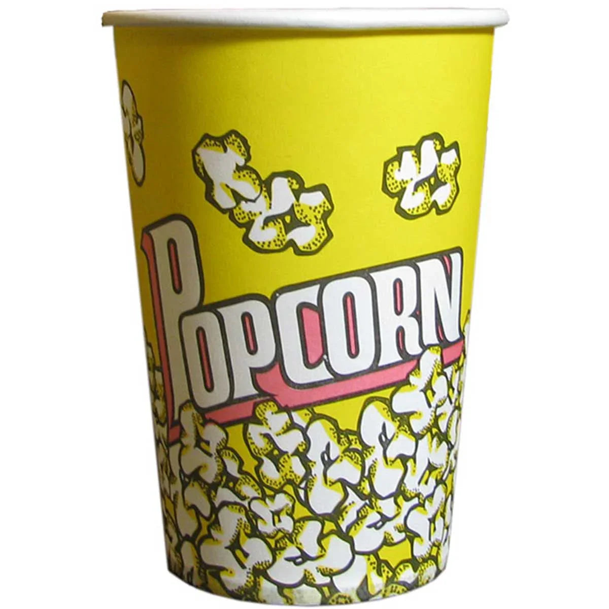 Bright yellow popcorn carton featuring playful popcorn graphics and bold "Popcorn" text, perfect for serving snacks at events
