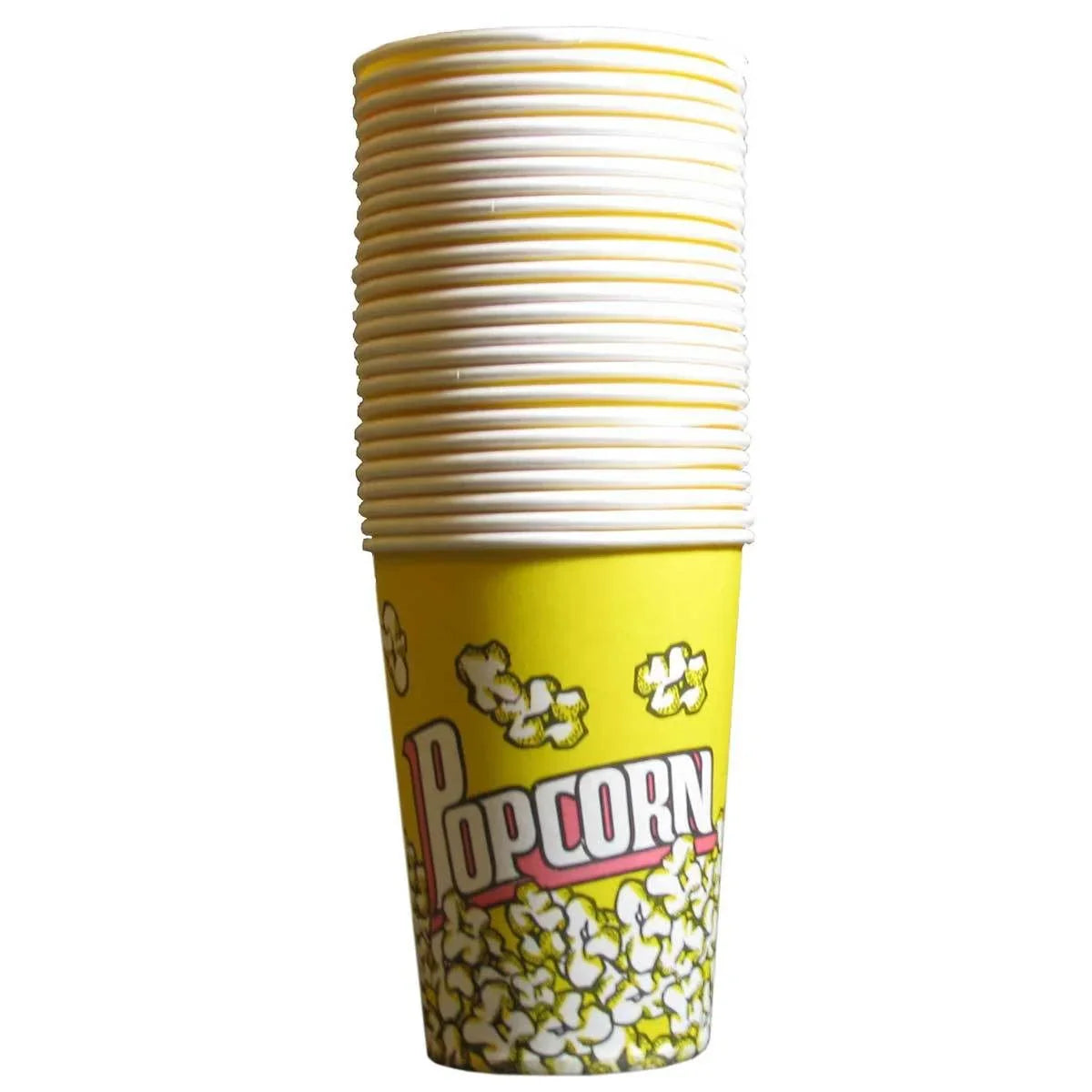 Bright yellow popcorn cartons stacked, featuring a playful popcorn design and bold "Popcorn" text, perfect for events or movie nights