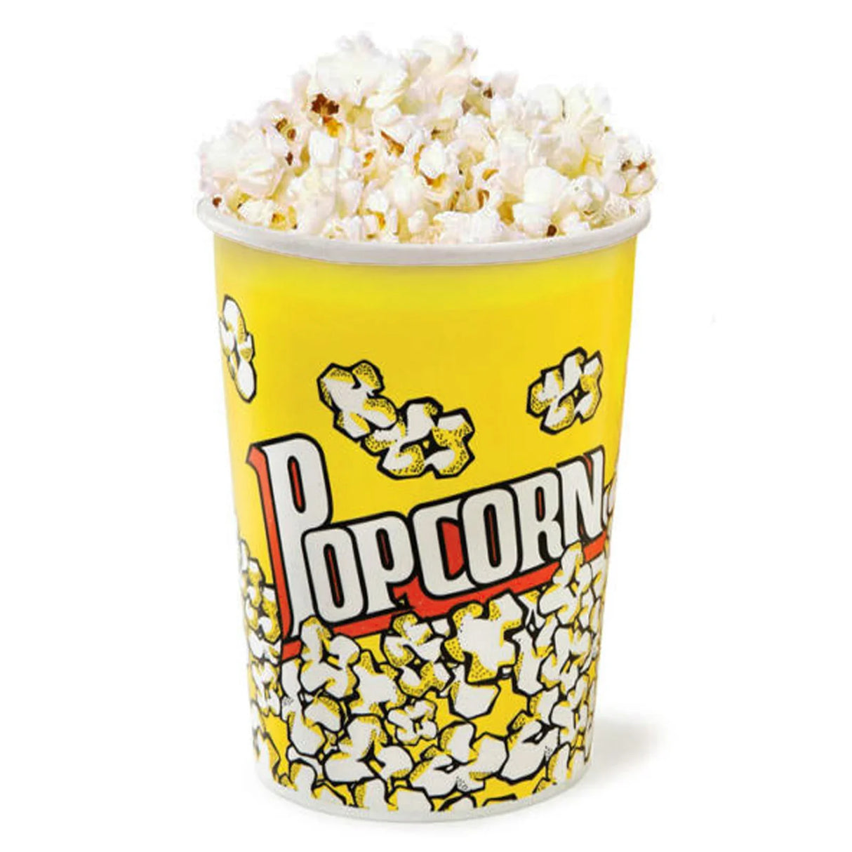 Bright yellow popcorn carton filled with fluffy white popcorn, featuring a playful "Popcorn" graphic and a classic design