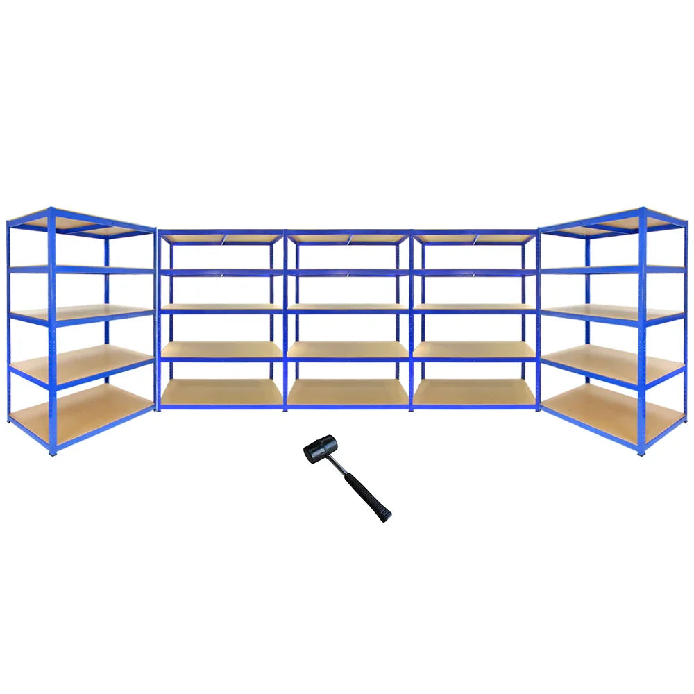 Strong blue metal storage shelves with nine wooden shelves, ideal for organizing tools and supplies in garages or workshops