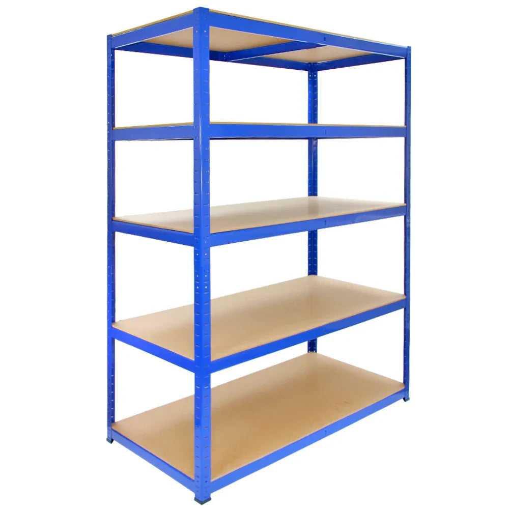 Strong blue metal storage shelves with five wooden shelves, measuring 120cm wide and 60cm deep, ideal for organizing items