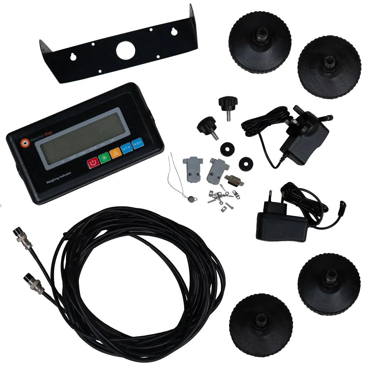 T-Mech Industrial Weighing Beam Scales components including digital display, cables, suction cups, and mounting bracket in black and silver