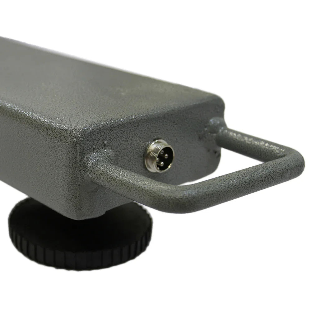 Gray industrial weighing beam scale with textured finish, featuring a sturdy handle and a connector port for easy integration