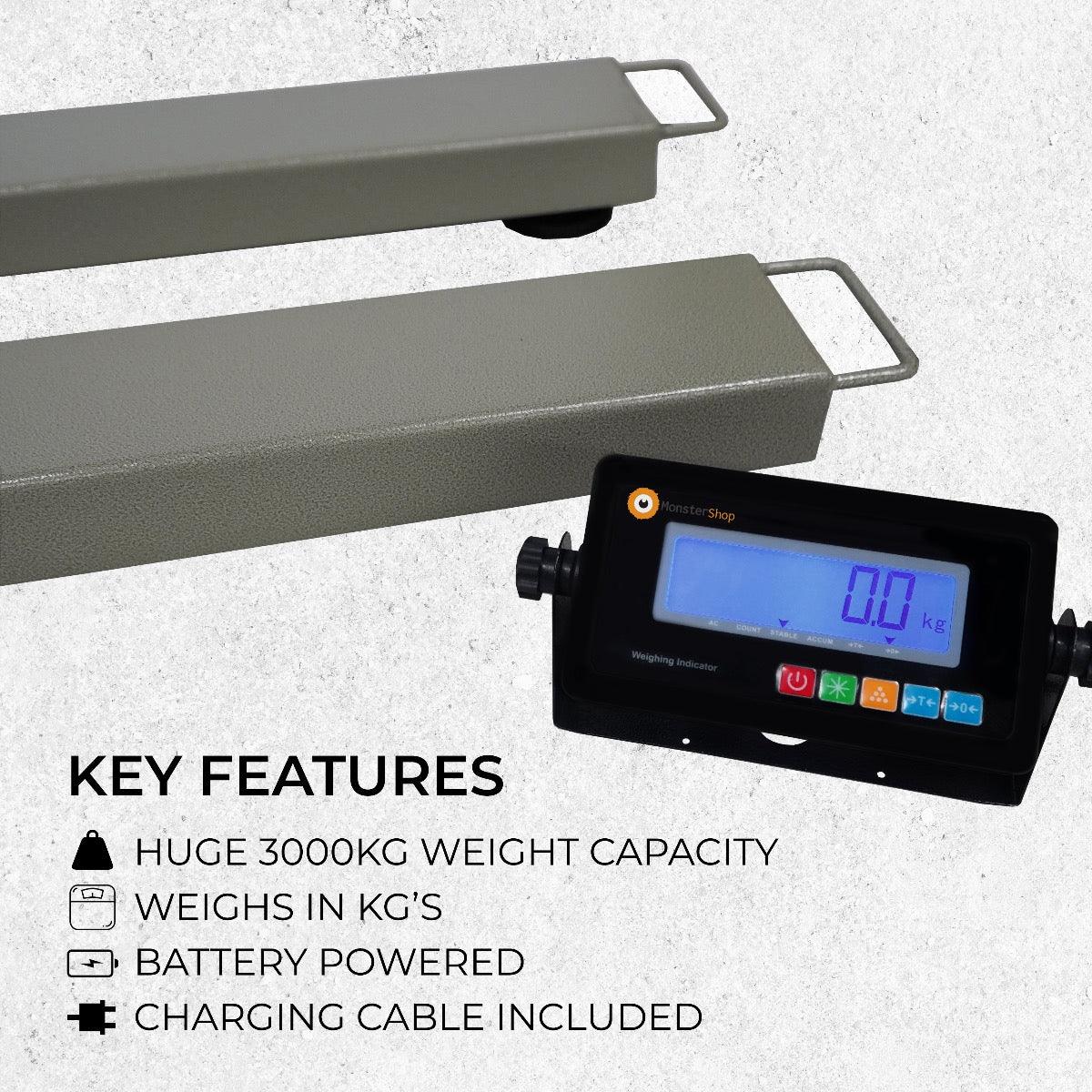 T-Mech Industrial Weighing Beam Scales with a 3000kg capacity, featuring a digital display and sturdy gray beams for accurate measurements