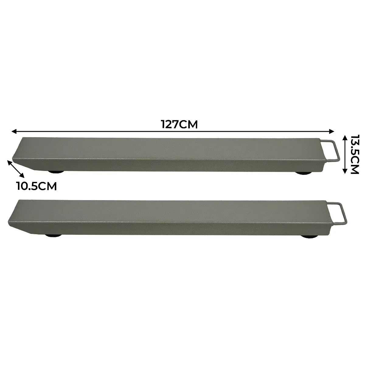 T-Mech industrial weighing beam scales in gray, featuring a sleek, flat design with handles, measuring 127cm by 10.5cm by 13.5cm