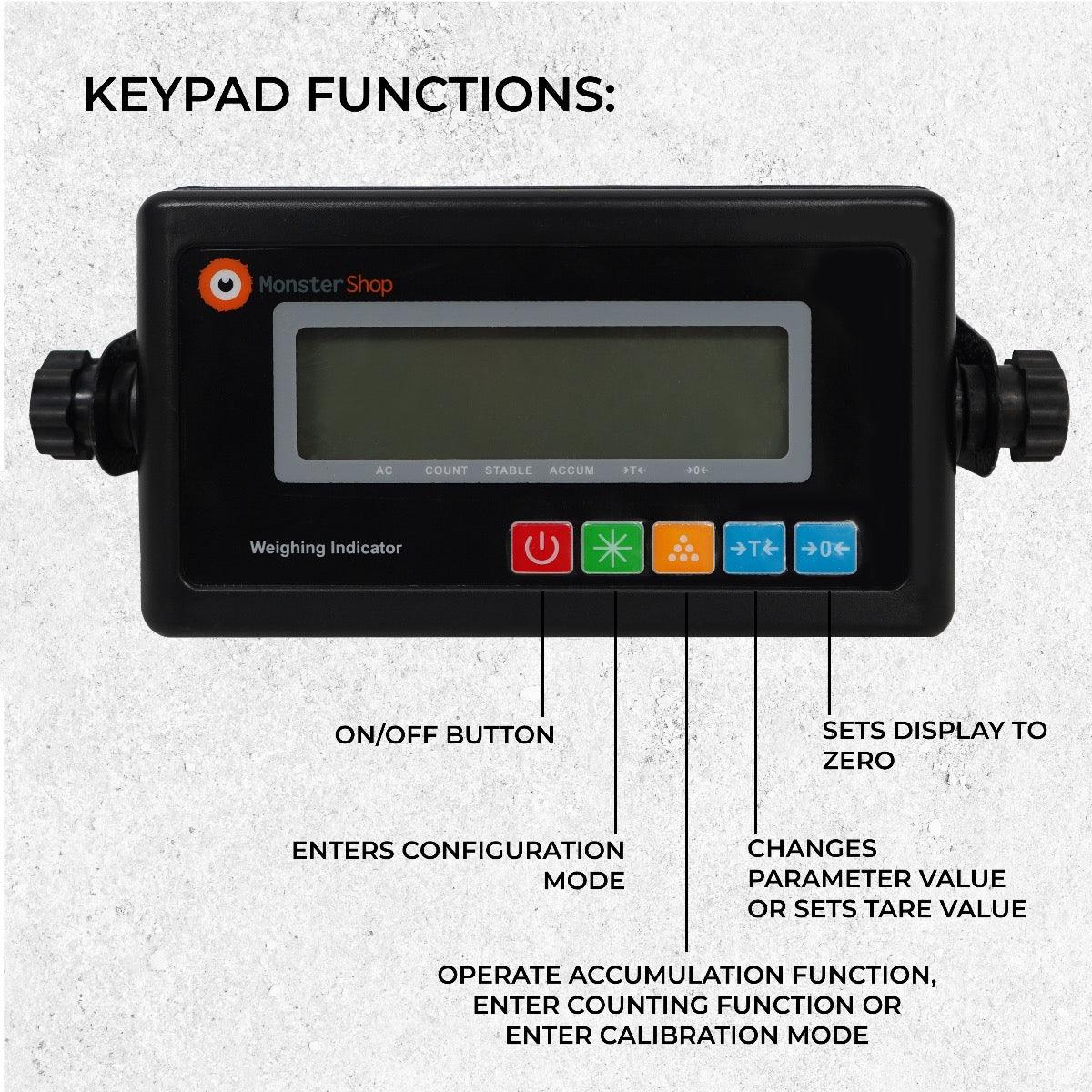 Digital weighing indicator for T-Mech Industrial Weighing Beam Scales, featuring a clear LCD display and function buttons for easy operation