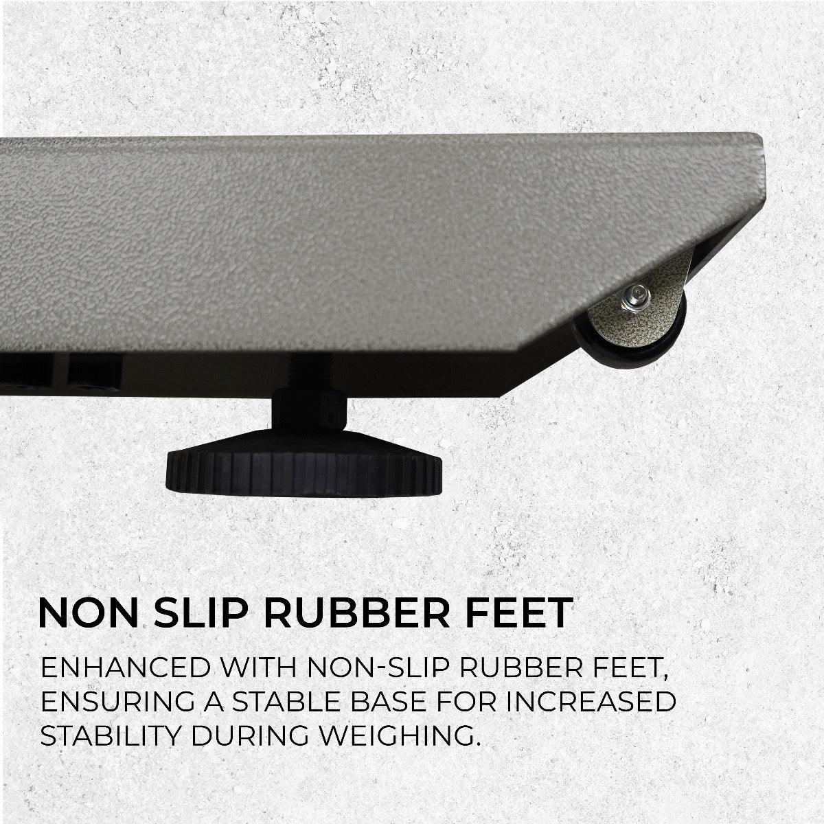 Non-slip rubber feet on T-Mech Industrial Weighing Beam Scales provide stability and safety during weighing, enhancing performance
