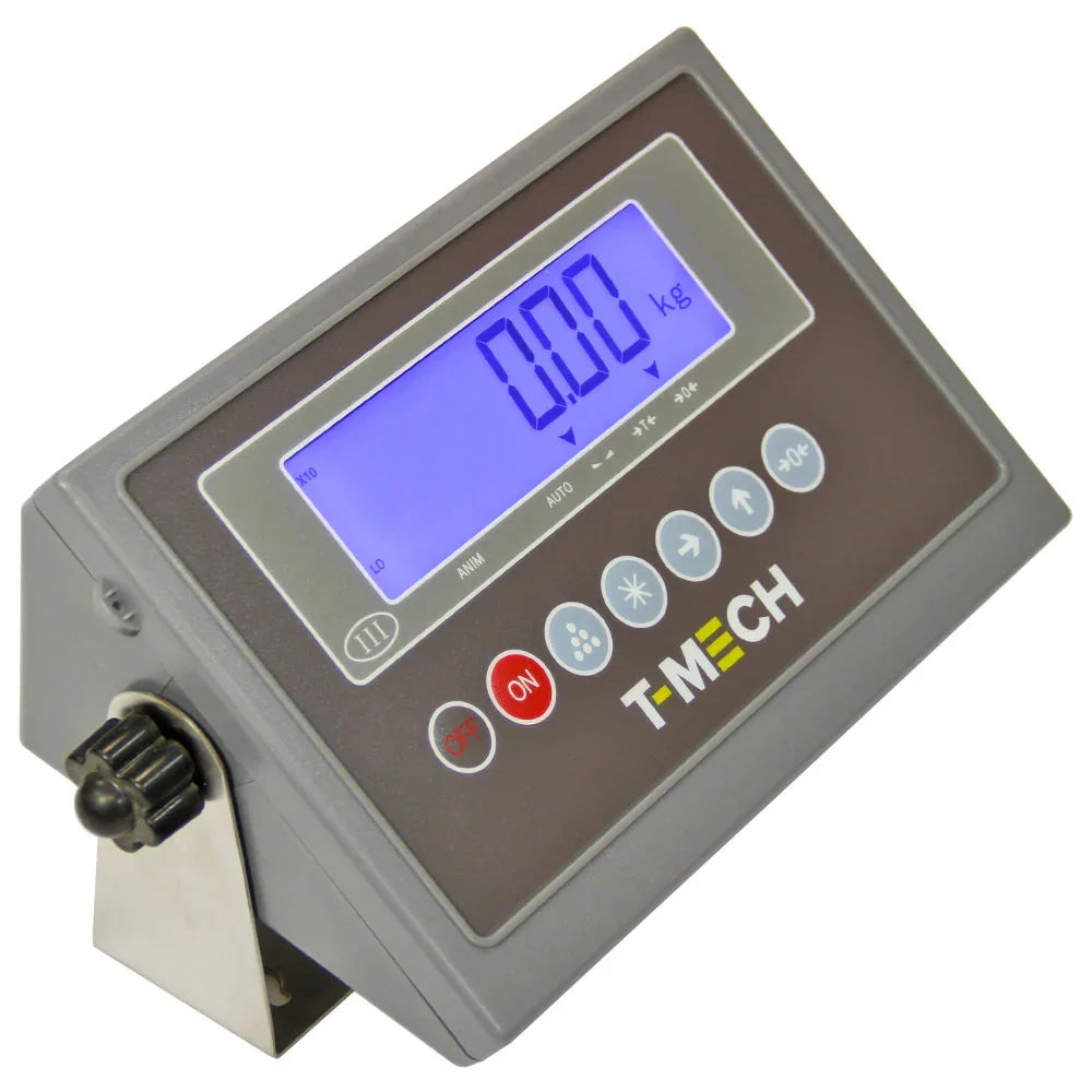 Digital display of T-Mech 120cm Industrial Pallet Platform Scales showing weight in kilograms, featuring a sleek gray casing and large blue screen