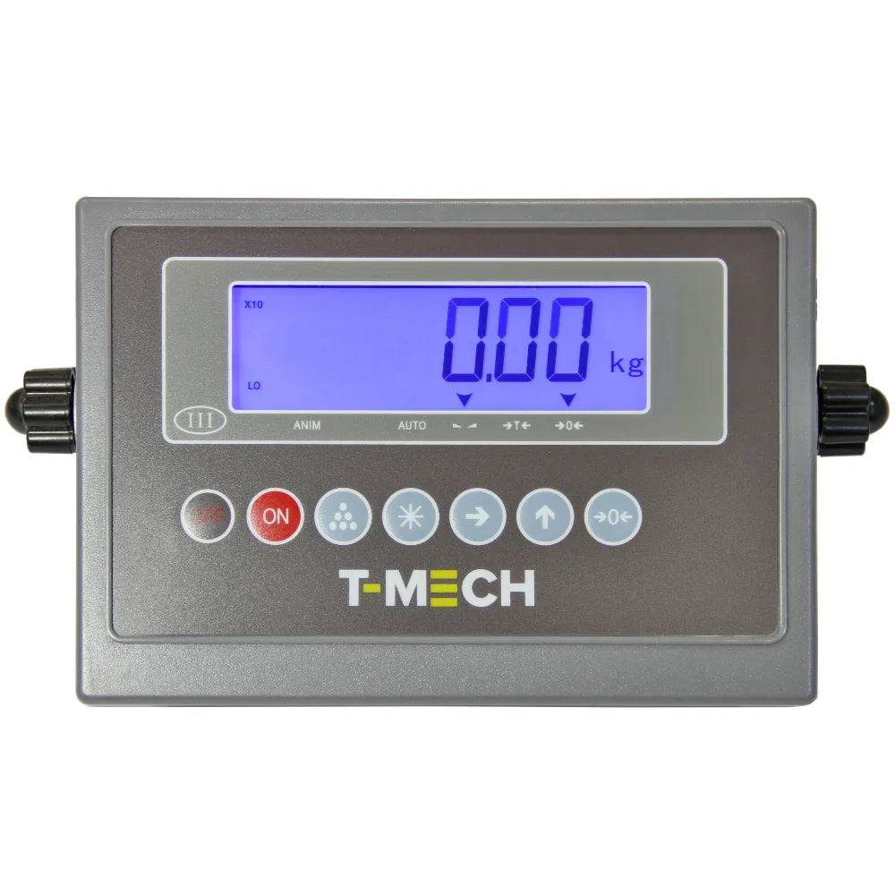 T-Mech 80cm industrial pallet floor weighing scales with a digital display, featuring a gray control panel and clear blue readout