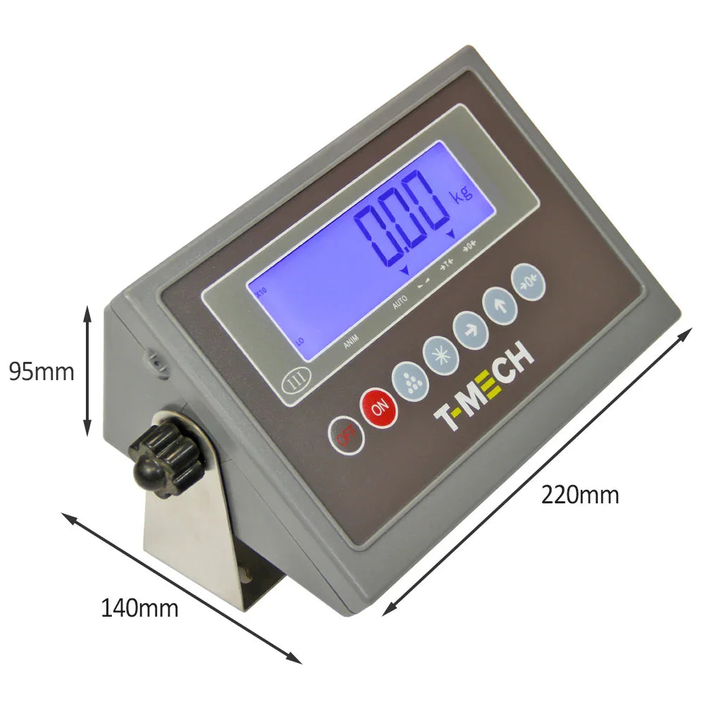 T-Mech industrial pallet floor weighing scale display with a blue digital readout, buttons, and a sturdy gray casing, measuring 220mm by 140mm