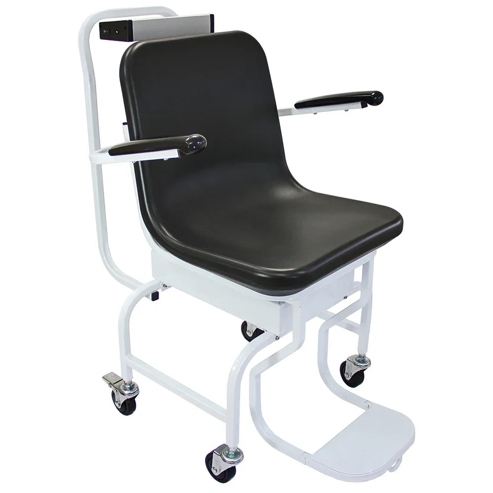 Black padded seat wheelchair scales with sturdy white frame, armrests, and smooth-rolling wheels for easy mobility and accessibility