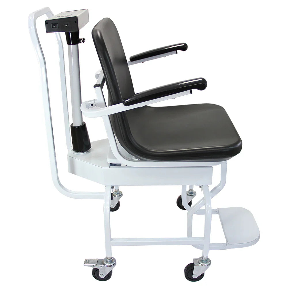 Disability wheelchair scales with a sturdy white frame, black cushioned seat, and adjustable armrests for comfort and support