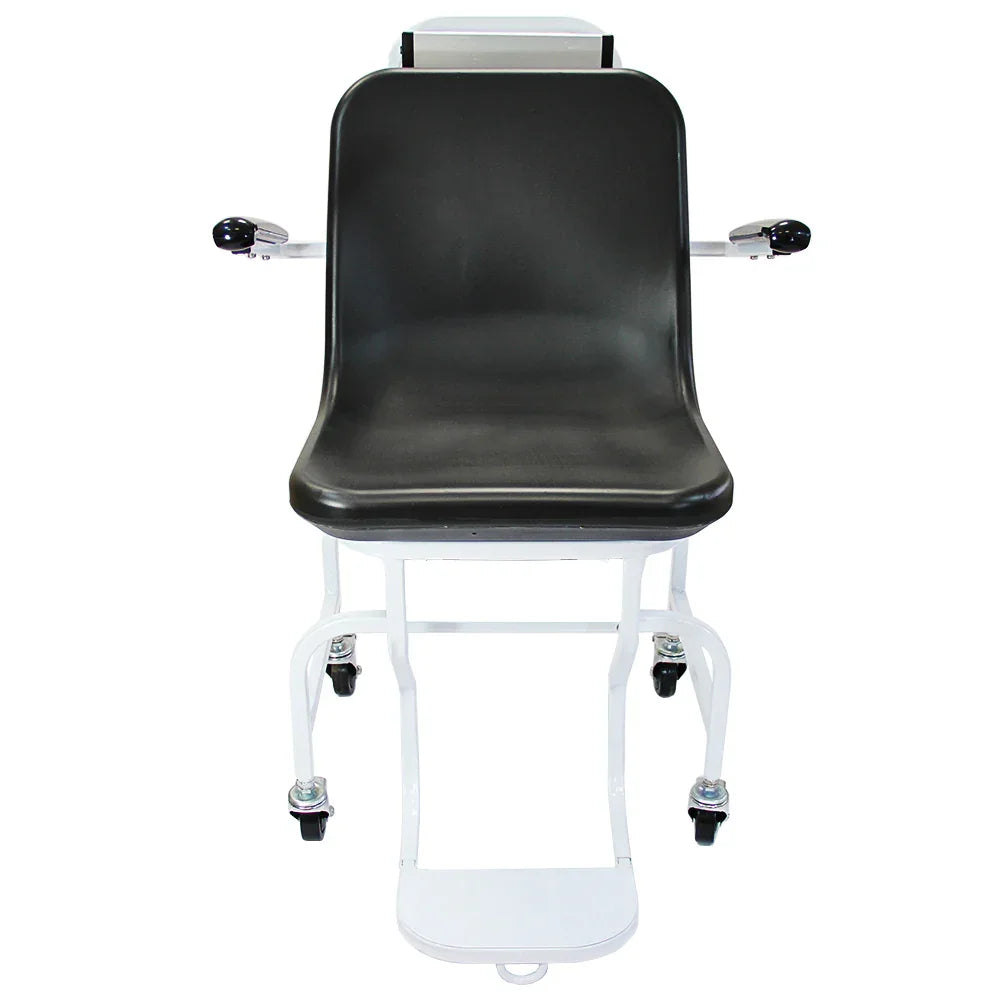 Disability wheelchair scales with a sturdy black seat, white frame, and adjustable armrests, designed for easy access and comfort