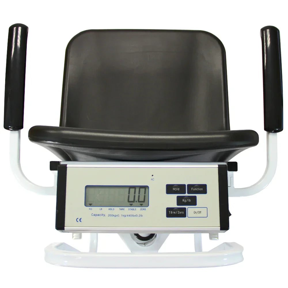 Disability wheelchair scales with a sturdy black seat, digital display, and ergonomic handles for easy weighing and accessibility