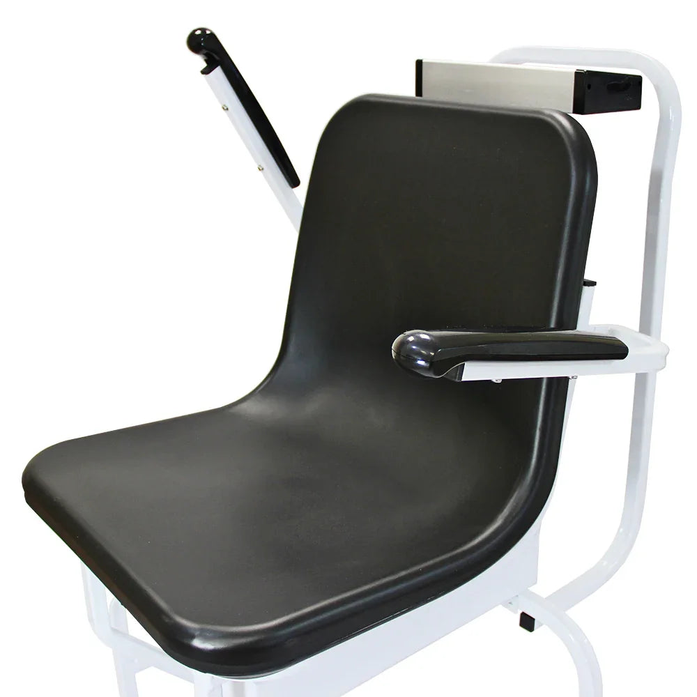 Black padded seat of disability wheelchair scales with sturdy armrests and a white metal frame, designed for comfort and stability